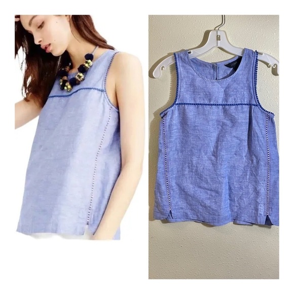J. Crew Size 00 Blue Crosshatch Linen Seamed Sleeveless Shell Top - Picture 1 of 8